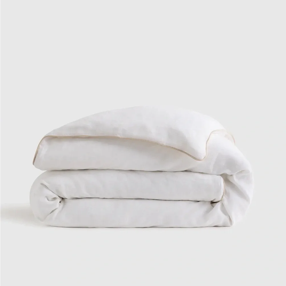Quince European Linen Piped Duvet Cover White and Toffee King Cal King